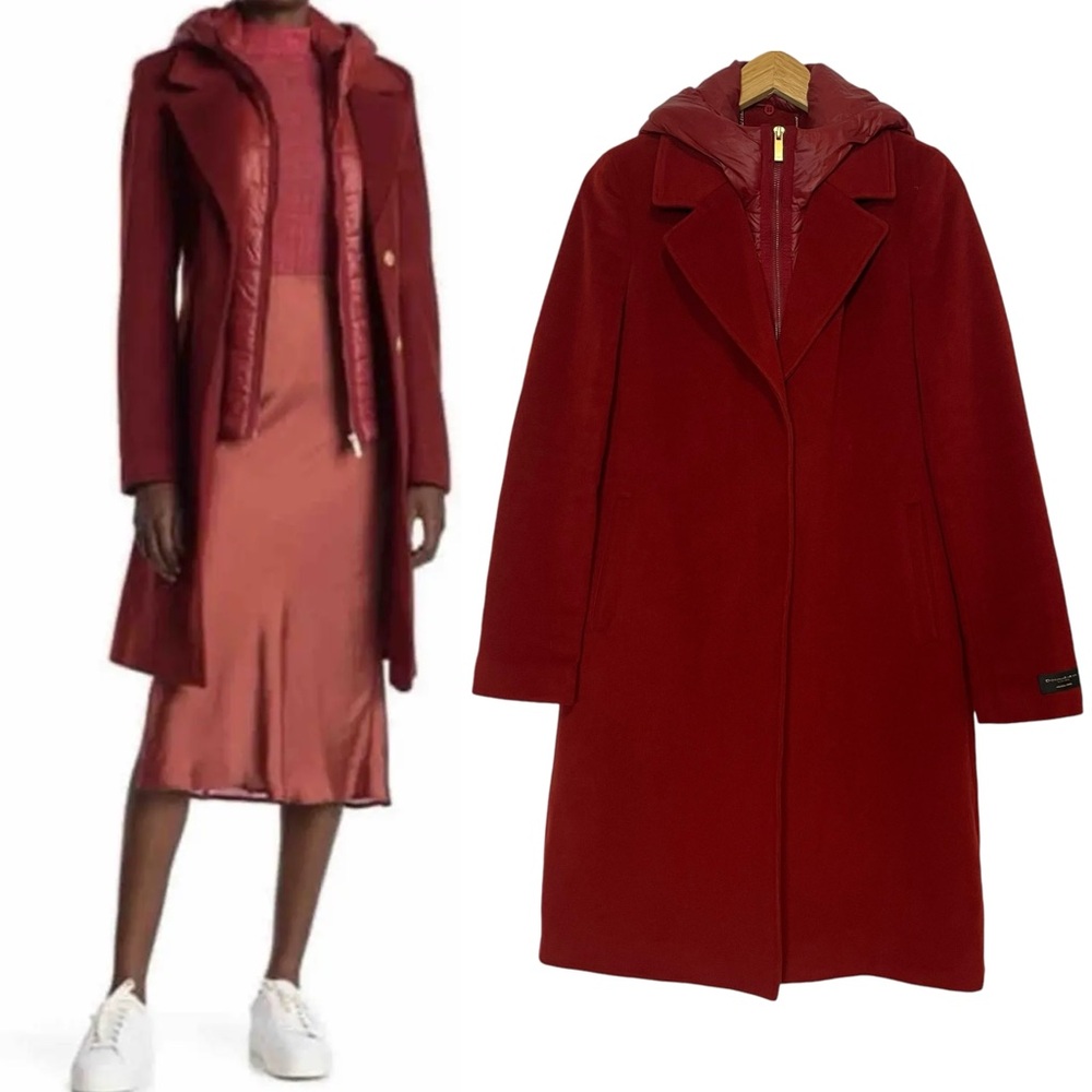Donna Karan Luxury Dark Red Coat Wool Cashmere Removable Inner Vest US 2 NO BELT